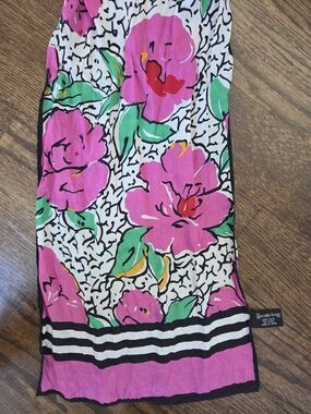 Bright Pink Floral SILK Scarf with Green Leaves And Black And White Stripe